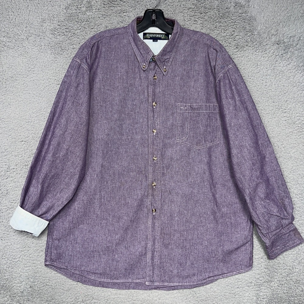 VTG Rainforest Chambray Shirt Men's Sz L Purple Pocket Button Up Made Hong Kong